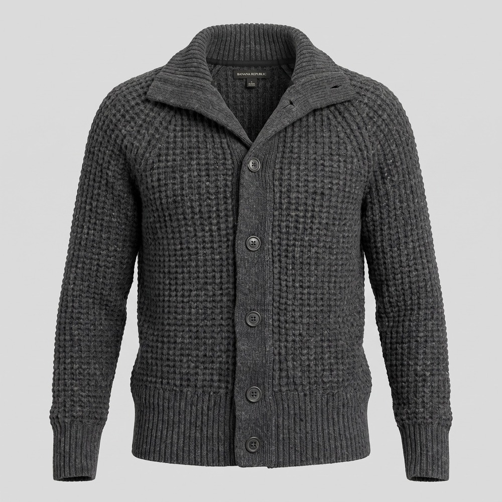 Banana Republic Mens L Gray Cardigan Waffle Knit Merino Wool Shawl Sweater